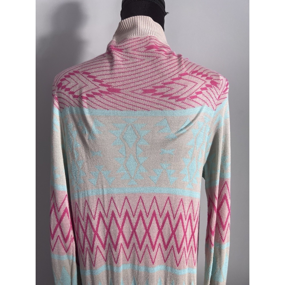 Myan Womens L Long Boho Open Front Cardigan Duster Sweater Pastel Tribal Aztec - Picture 6 of 9